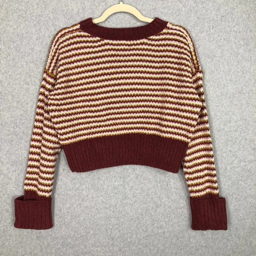 Pink Republic Cropped‎ Sweater Medium Burgundy Cream Soft Cozy Retro Whimsical